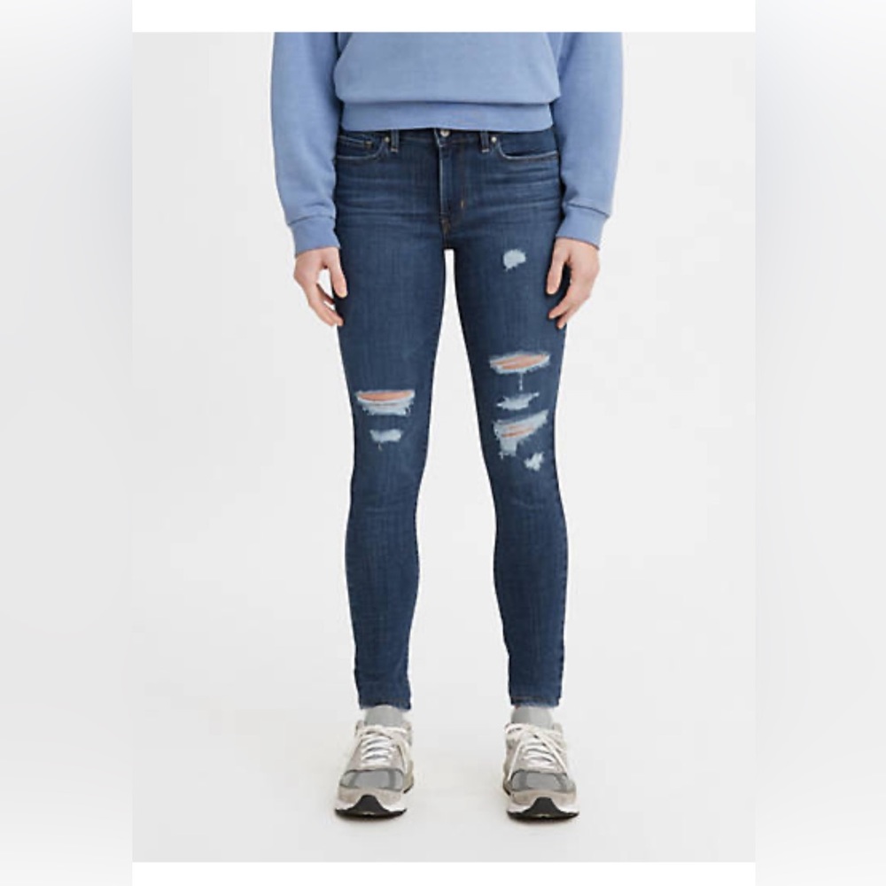 NWT Levi’s 711 Skinny Mid-rise Sculpt Stretch Jeans Distressed Dark Blue 27x28